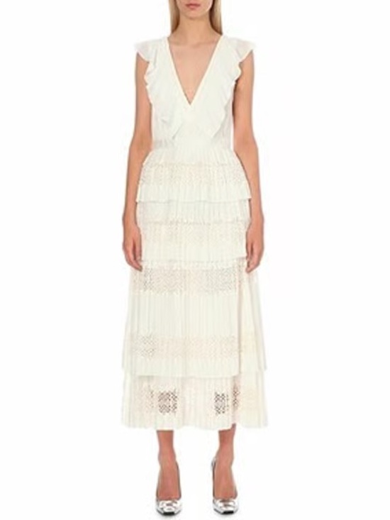 Self-Portrait Dresses & Skirts - Self Portrait White Flounced Tiered Lace Sleeveless Victoria Midi Dress | 2